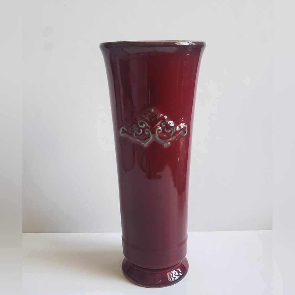 Vintage HOSLEY Pottery Vase Tall Cranberry Glazed Antiqued Floral Scroll Motif